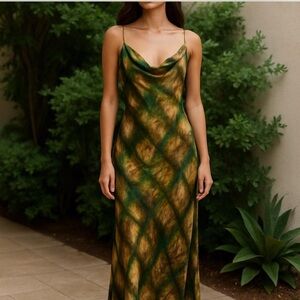 Zara Green and Gold Lattice-Print Midi Slip Dress